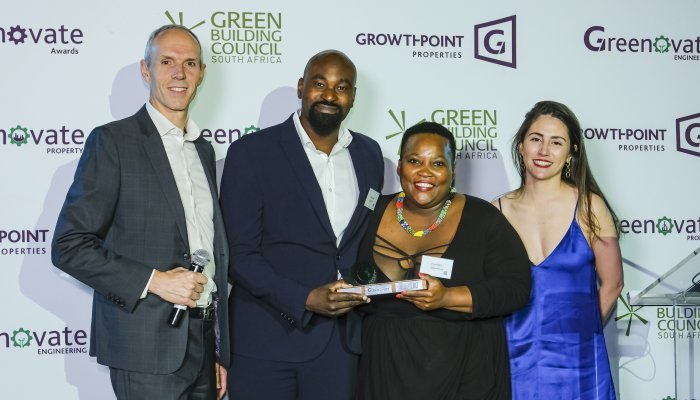 Zadok Oelinga and Songo Didiza from sustainable resource management specialists Oelinga, centre, took home top prize in the proptech category at the 2023 Greenovate Awards.